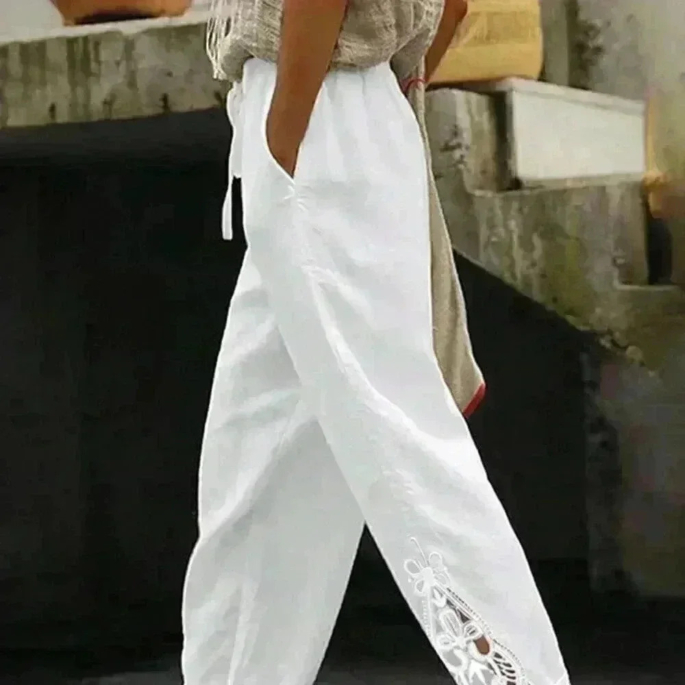 White Boho Women's Patchwork Elastic Waist Slant Pocket Straight Leg Pants